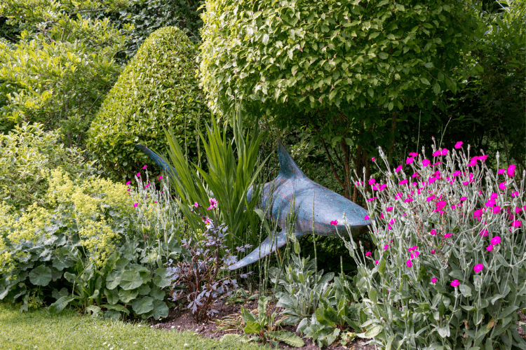 A planted bed with a shark sculpture