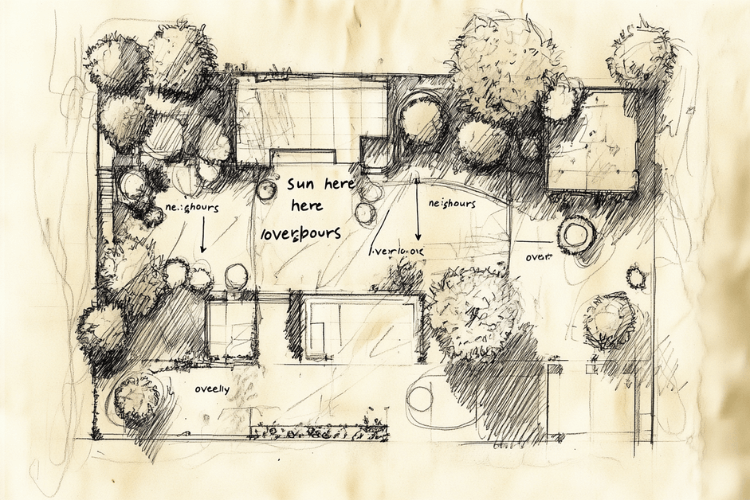 garden design plan with focus on sun and entertaining spots