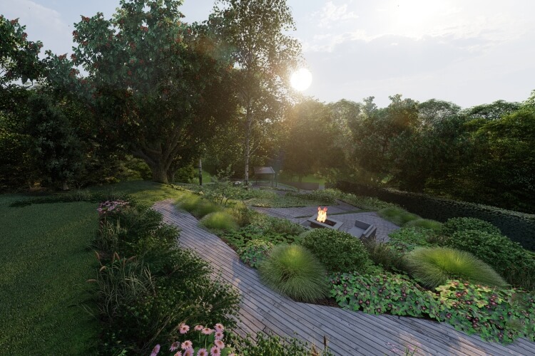 Concept of a garden with wooden pathway bordered with plants, leading down to a firepit area