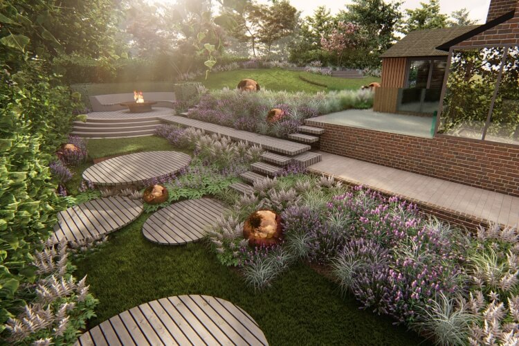 Concept of a modern garden with circular decking areas and round sculptures