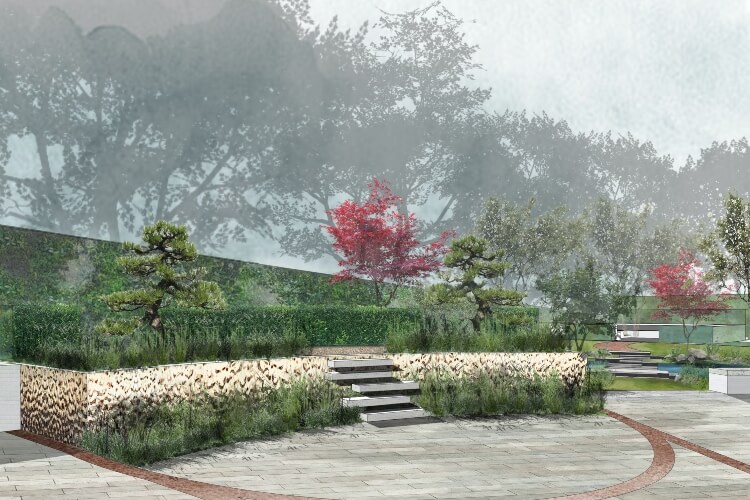 A modern garden design concept with a paved area and raised planted border