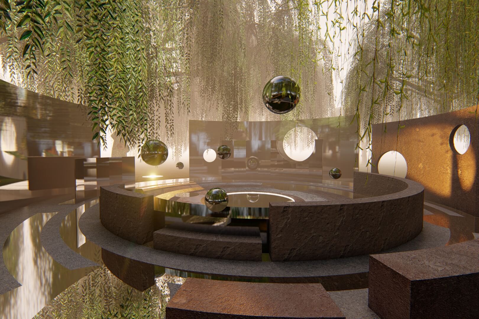 Concept of a sculptural modern space with reflective pools, circular walls and overhanging trees