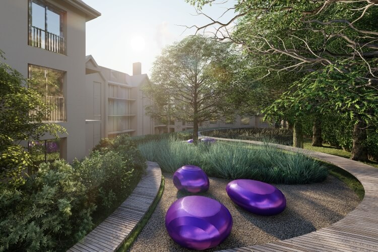concept of modern purple seating area surrounded by a walkway