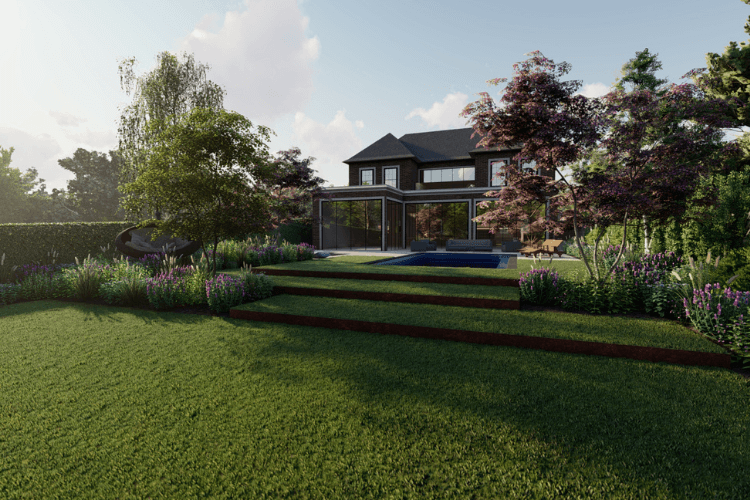 concept of a modern house and garden with stepped lawn