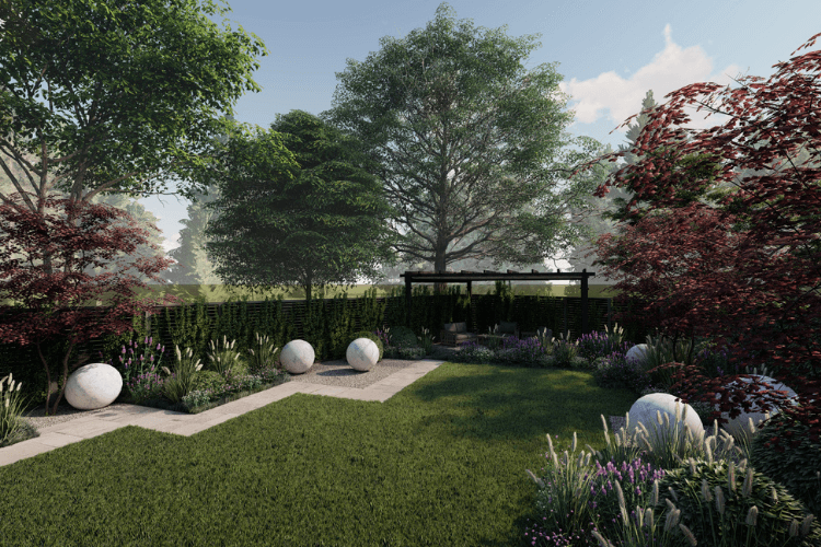 Concept of a garden design including stone sculptures, a pergola, and plants