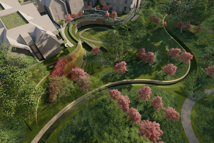 Concept of a garden design with curved paths, water features and trees