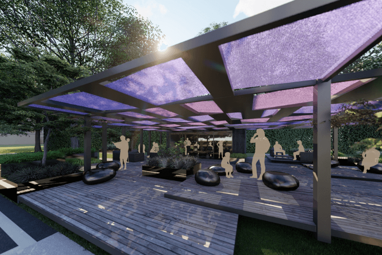 A concept of a large pergola with purple fabric and pebble shaped seating