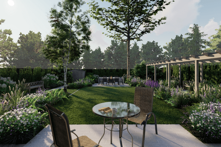 Concept of a patio in the foreground with a pergola running along the right and a garden with planted borders
