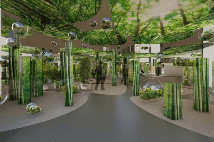 Concept of a modern indoor green space with sculptures