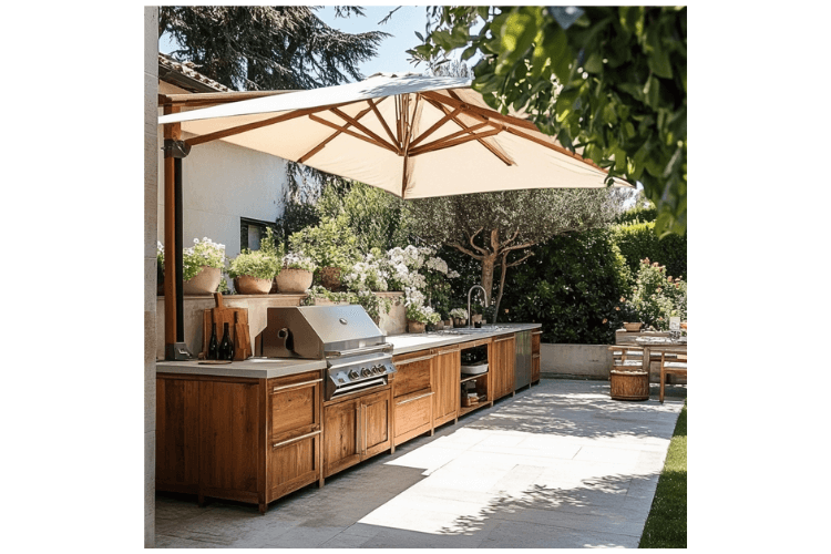 kitchen under cantilever umbrella spring garden inspiration mown path through meadow