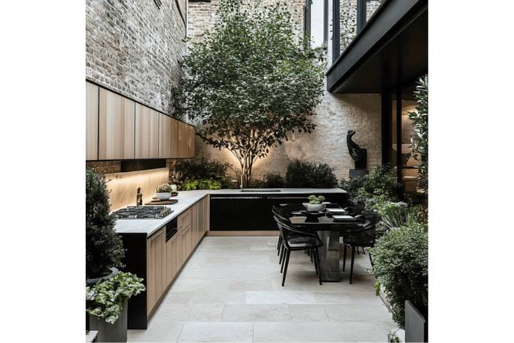 outdoor kitchen courtyard spring garden inspiration mown path through meadow