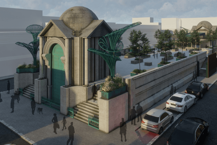 Concept of a sculptural stone building and garden in an urban setting