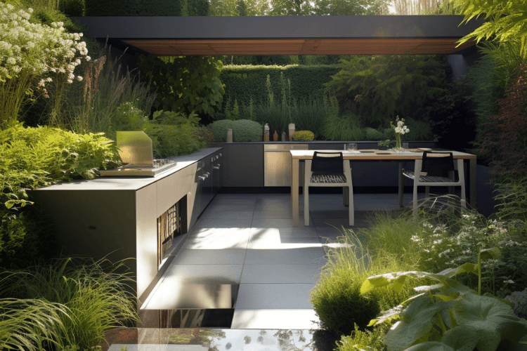 modern outdoor kitchen and dining area