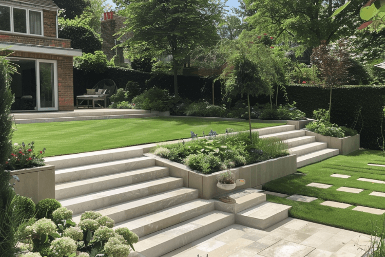 Level lawn in garden with steps