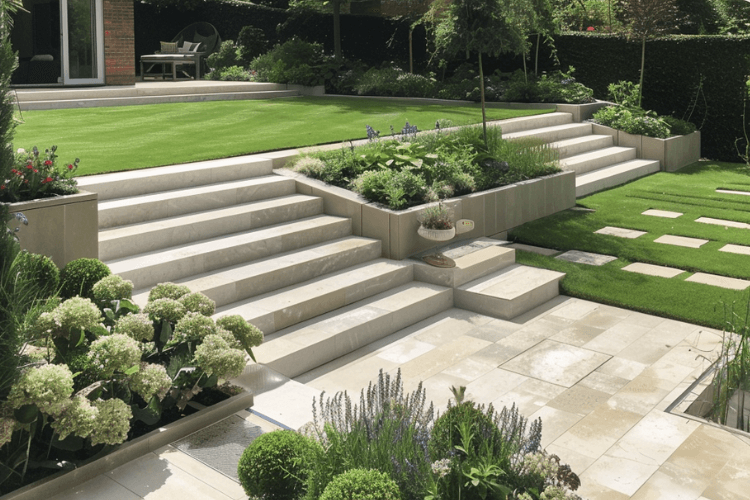 level patio on sloping lawn