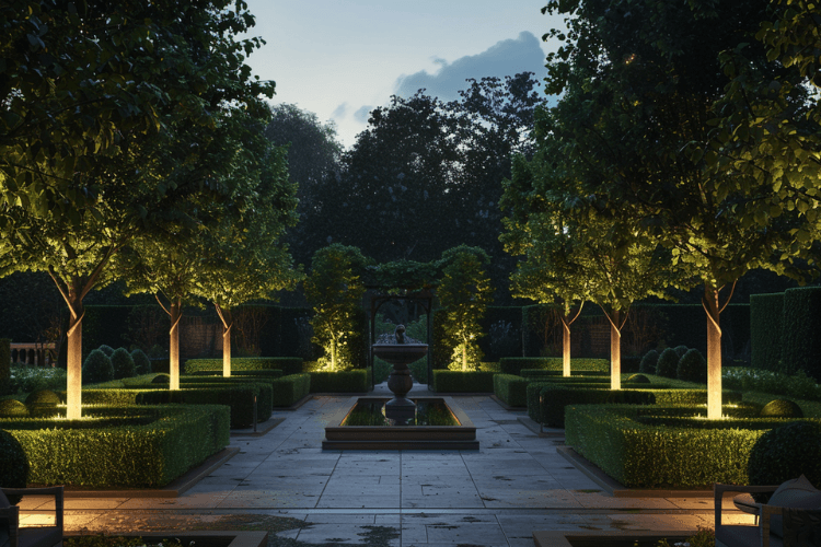 formal fountain and planting formal fountain and planting