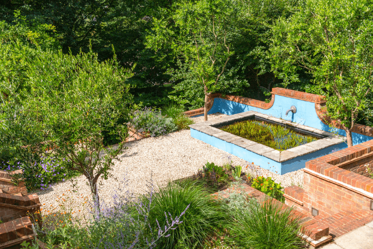 pond and hard landscaping
