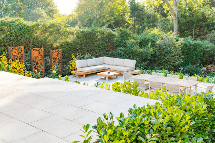 stepped patio with seating