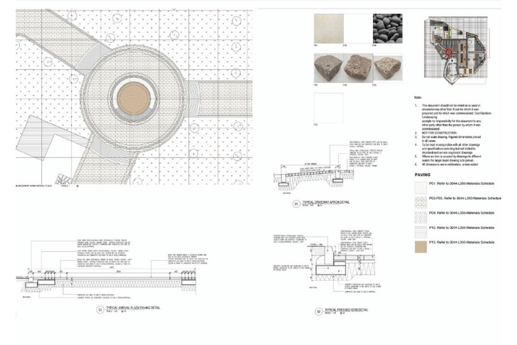 Garden visualisation blending technical drawing and rendered design to illustrate how planting, paving and water features integrate on site.