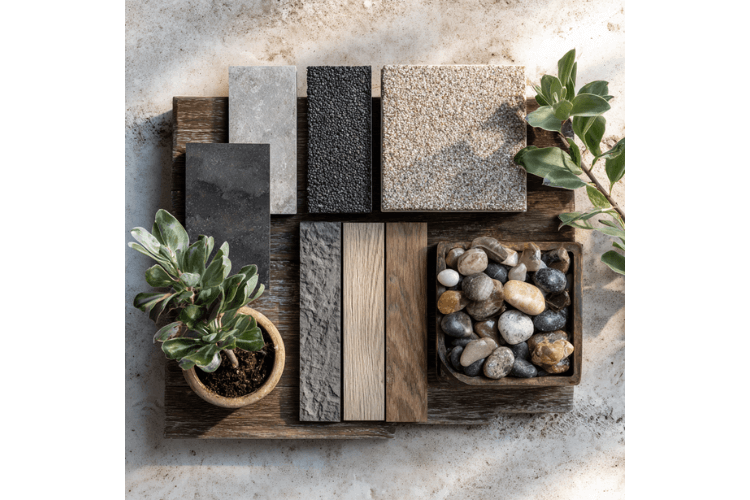 Material mood board featuring natural stone, timber samples and pebbles styled with foliage, representing CGLA’s craftsmanship palette.