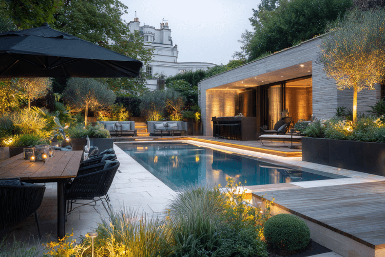 Contemporary luxury garden by CGLA with swimming pool, outdoor dining area and soft evening lighting highlighting structured planting.
