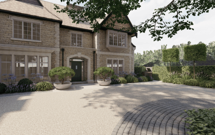 3D visualisation of a luxury residence entrance garden with structured planting, stone architecture and elegant detailing.