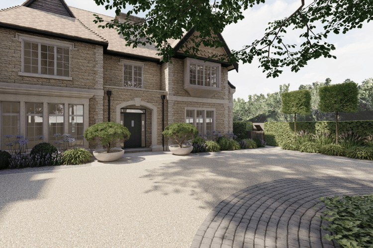 3D visualisation of a luxury residence entrance garden with structured planting, stone architecture and elegant detailing.