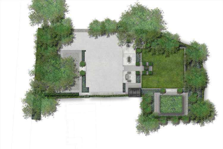 Landscape masterplan showing planting structure, spatial organisation and hardscape arrangement for a refined garden layout.