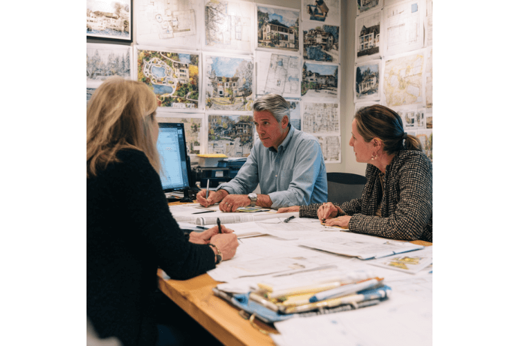 Designers collaborating in the CGLA studio, reviewing drawings and specifications for landscape detailing.