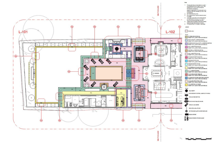 Detailed landscape plan illustrating layout, material specification and construction detailing for a luxury garden design.