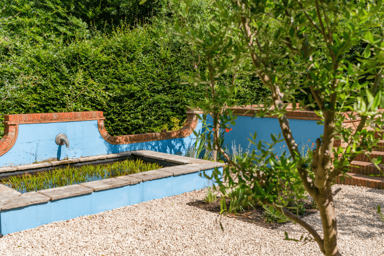 bold garden design with coloured water feature