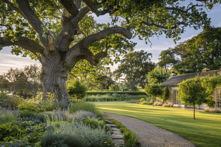 redesigned garden incorporating mature trees and natural landscape features