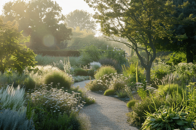 contemporary structured garden with clean lines planting and pathways