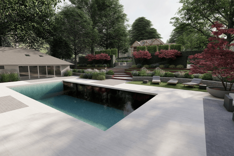 Landscape designer refining a 3D garden model, demonstrating how human expertise guides AI in landscape design.