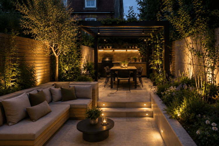 Contemporary Courtyard Garden at Night Stylish £100k courtyard garden with architectural lighting, outdoor dining pergola and layered planting in a compact space