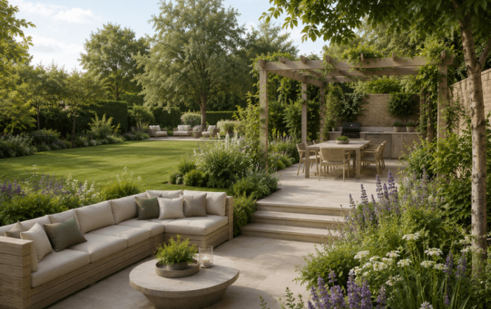Contemporary luxury £100k garden with outdoor kitchen pergola, sunken seating area and soft cottage style planting