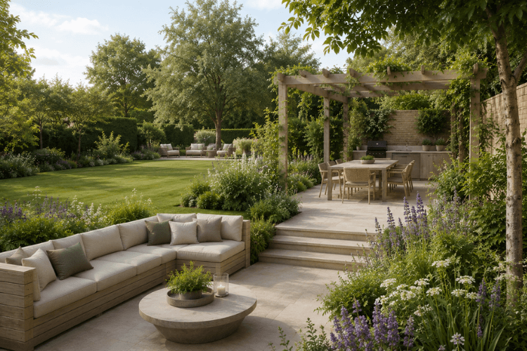 Contemporary luxury £100k garden with outdoor kitchen pergola, sunken seating area and soft cottage style planting