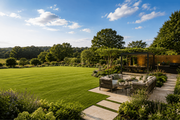 Expansive Country Garden with Outdoor Living Space Luxury countryside £100k garden featuring a large lawn, pergola lounge area, stone pathways and mixed perennial borders