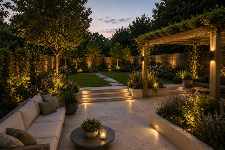 Luxury Garden Entertainment Space Premium £100k garden design with covered outdoor dining area, ambient lighting and modern sunken terrace
