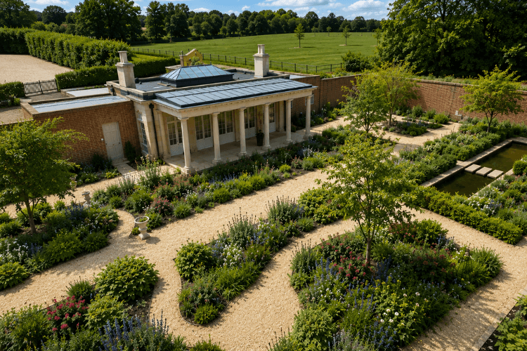 Formal Walled Garden with Curved Borders Large bespoke £100k formal garden featuring curved herbaceous borders, gravel pathways and elegant pavilion architecture