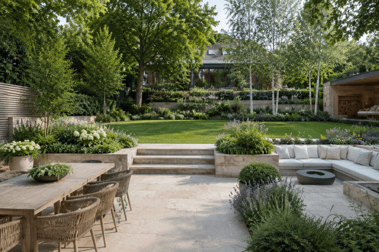Structural Luxury Garden Landscaping Premium £250k garden featuring retaining walls, broad stone steps, structured planting and outdoor entertaining space