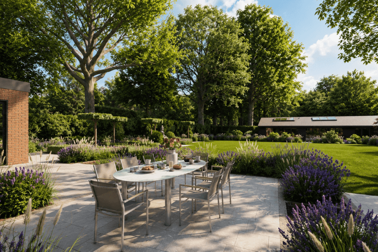 Fully Resolved Family Garden High end £250k family garden with dining terrace, mature planting, expansive lawn and multiple seating spaces