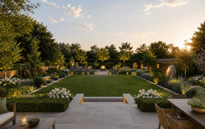 Contemporary £250k garden with formal lawn, layered planting, natural stone terrace and elegant evening lighting