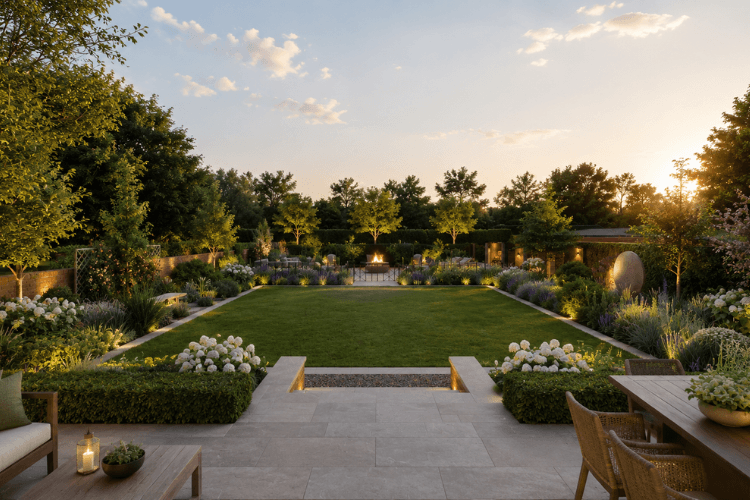 Contemporary £250k garden with formal lawn, layered planting, natural stone terrace and elegant evening lighting
