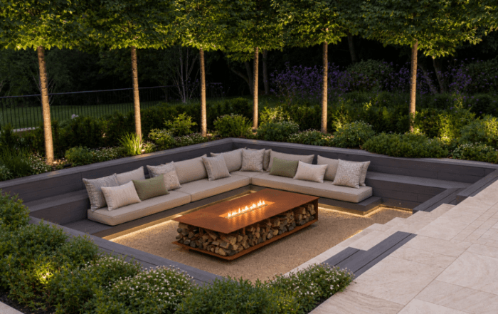 luxury sunken fire pit and seating area