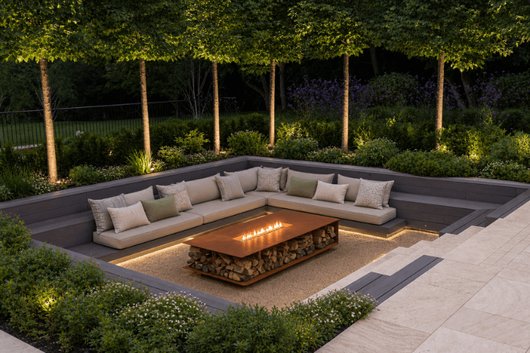 luxury sunken fire pit and seating area