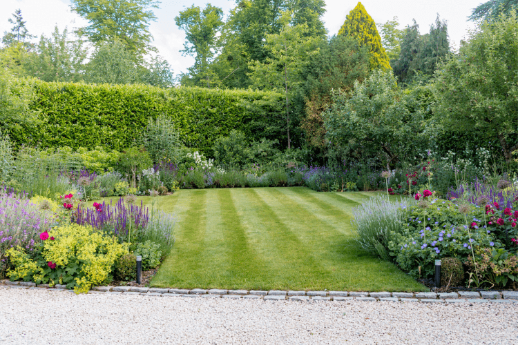 Modern landscaped garden showing strong spatial planning, lawns and outdoor entertaining areas