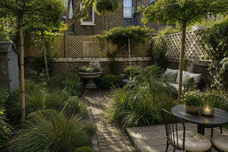 Luxury garden terrace with bespoke seating, planting and carefully planned circulation spaces